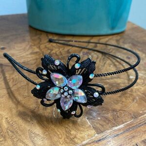 RARE VINTAGE FLORAL METAL HOLOGRAPHIC RHINESTONE HEADBAND